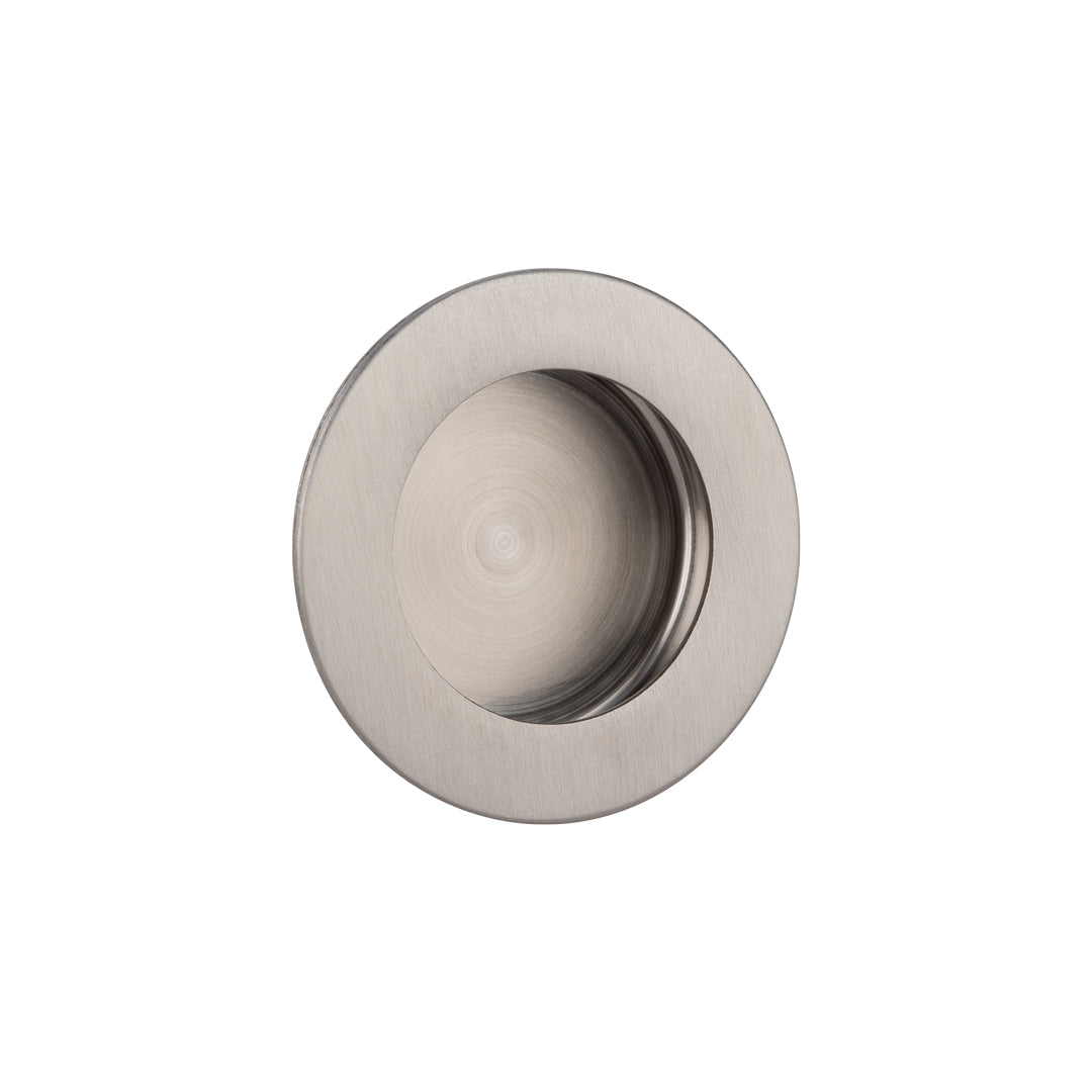 Satin nickel round flush pull. Sleek and functional hardware solution that seamlessly integrates into doors for a clean, modern look